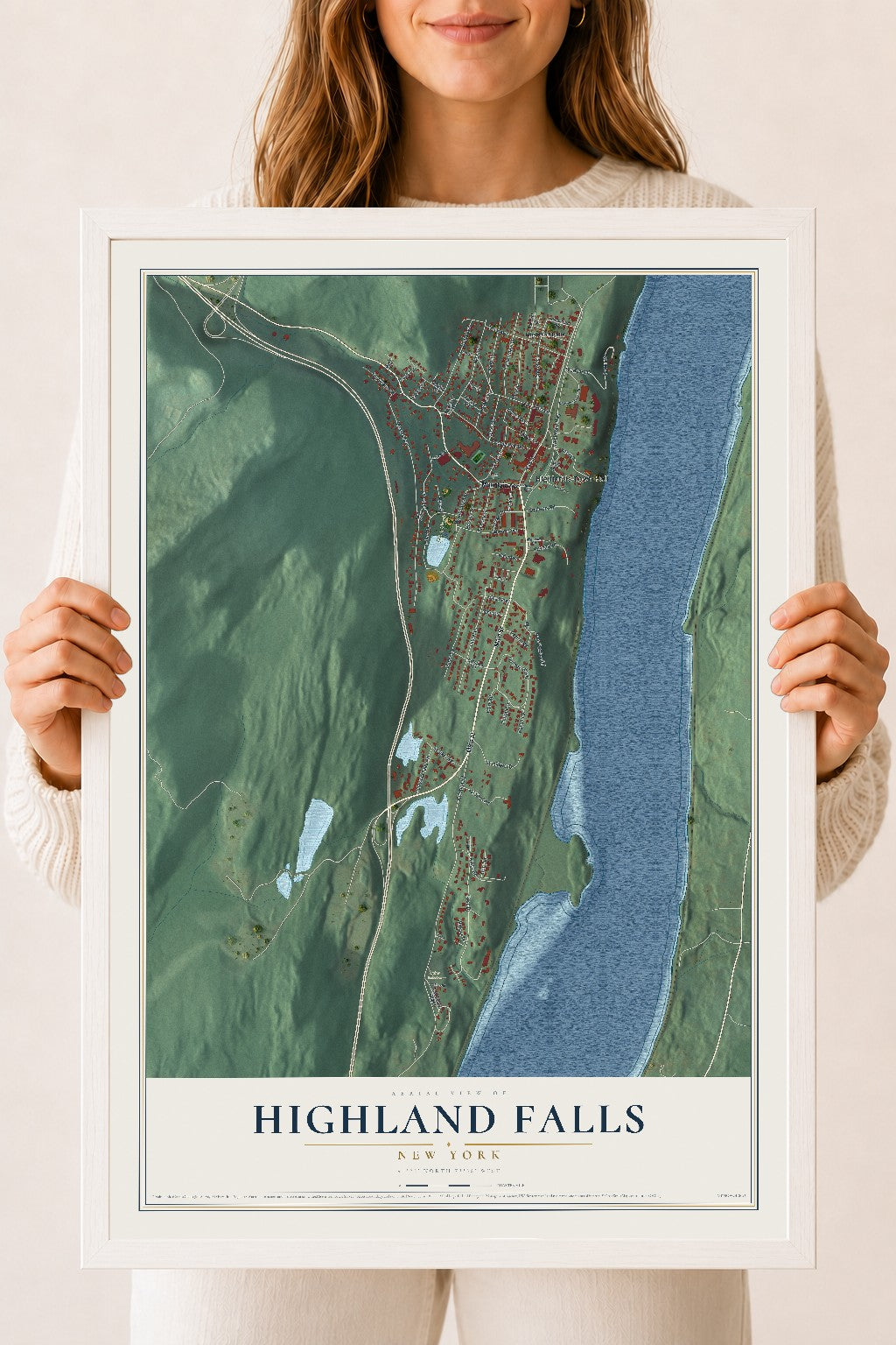 Highland Falls, New York map print, 18" x 24" W/ White Ayous Wood Frame mockup