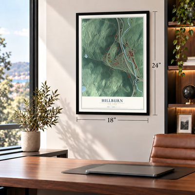 Hillburn, New York map, 18 x 24 inch print in a black frame in a home office