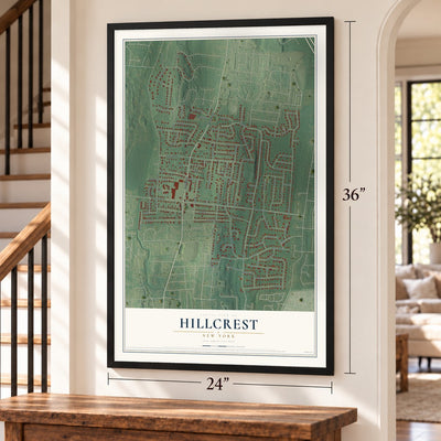 Hillcrest, New York map, 24 x 36 inch print in a black frame by a staircase