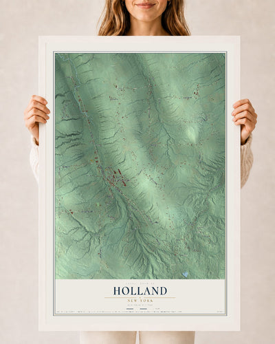 Holland, New York map print, 24" x 36" W/ White Ayous Wood Frame mockup