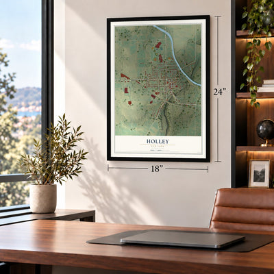 Holley, New York map, 18 x 24 inch print in a black frame in a home office
