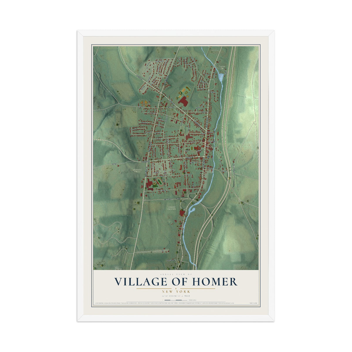 Homer, New York map print, 12" x 18" W/ White Ayous Wood Frame mockup