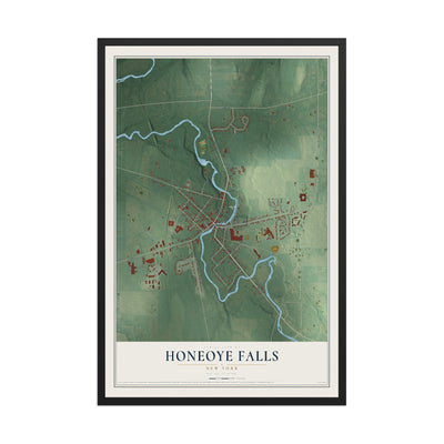 Honeoye Falls, New York map print, 12" x 18" W/ Black Ayous Wood Frame mockup