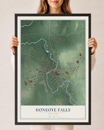 Honeoye Falls, New York map print, 24" x 36" W/ Black Ayous Wood Frame mockup