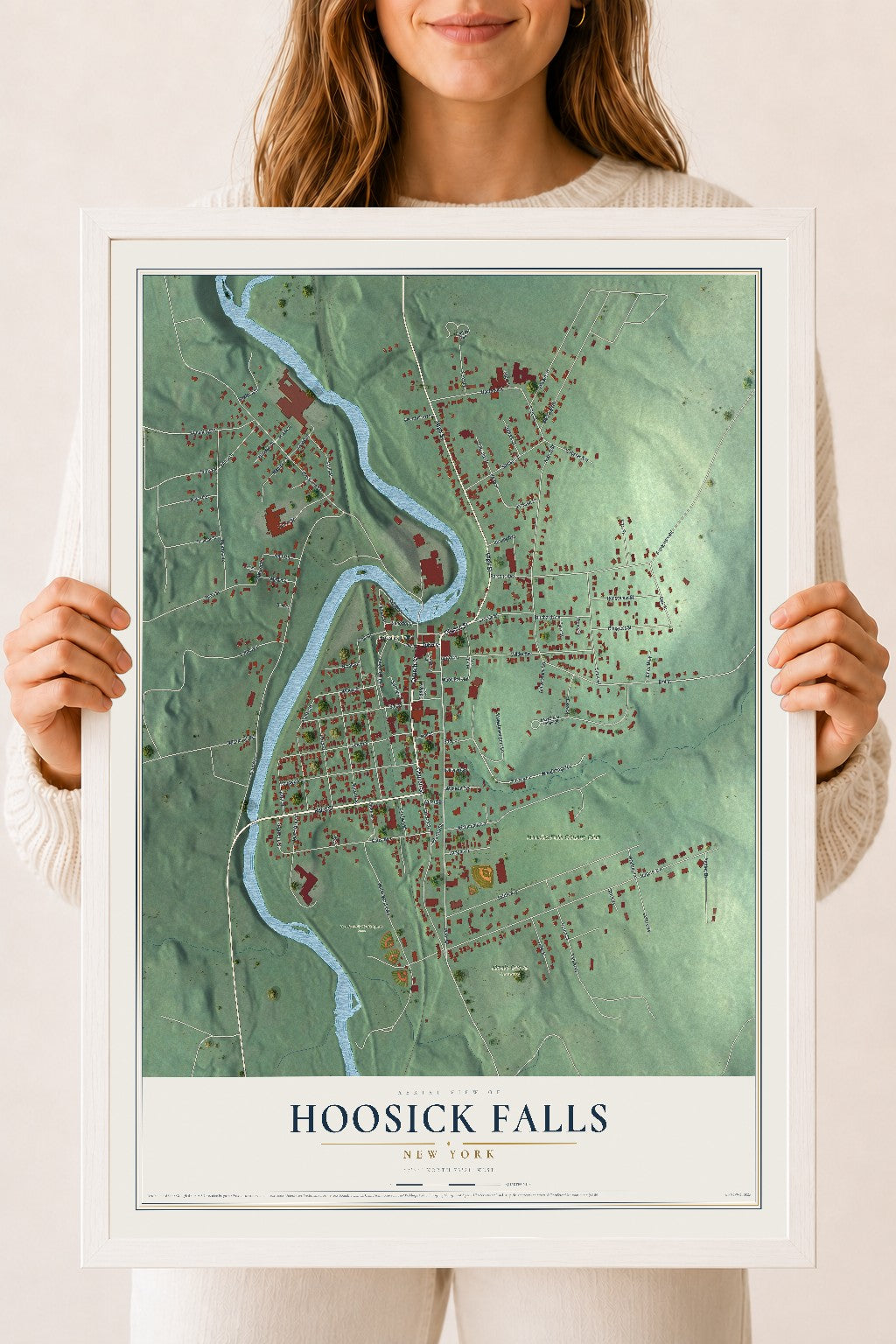 Hoosick Falls, New York map print, 18" x 24" W/ White Ayous Wood Frame mockup