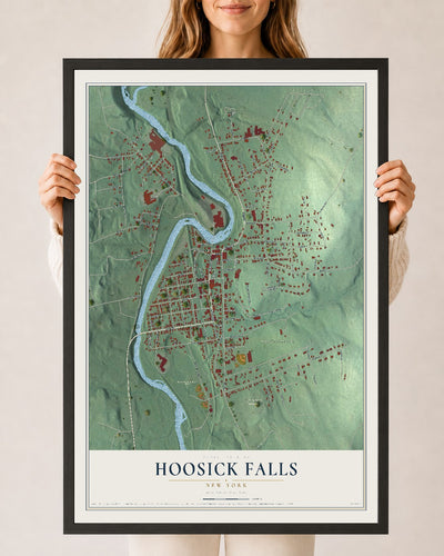Hoosick Falls, New York map print, 24" x 36" W/ Black Ayous Wood Frame mockup