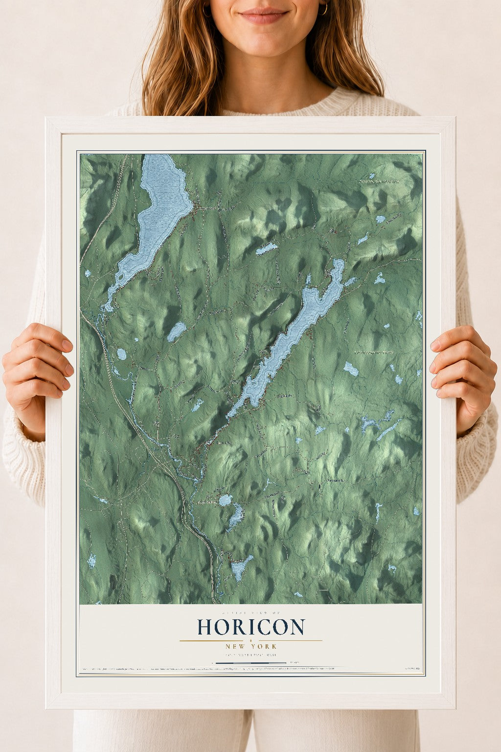Horicon, New York map print, 18" x 24" W/ White Ayous Wood Frame mockup