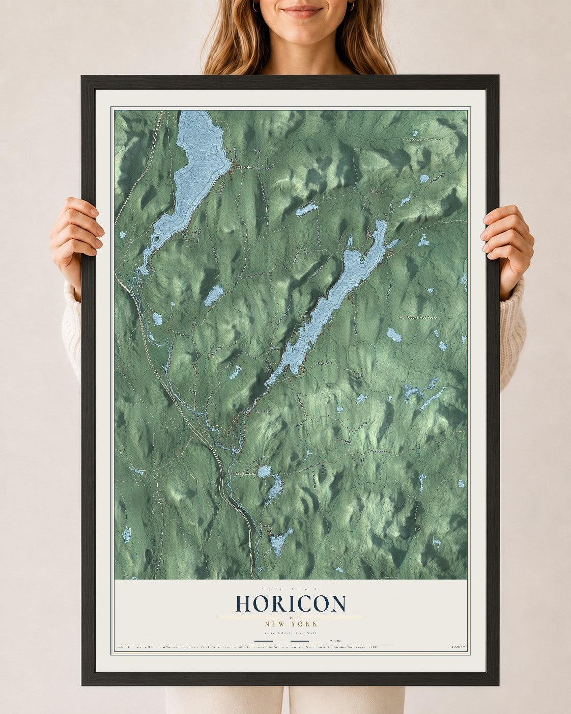 Horicon, New York map print, 24" x 36" W/ Black Ayous Wood Frame mockup