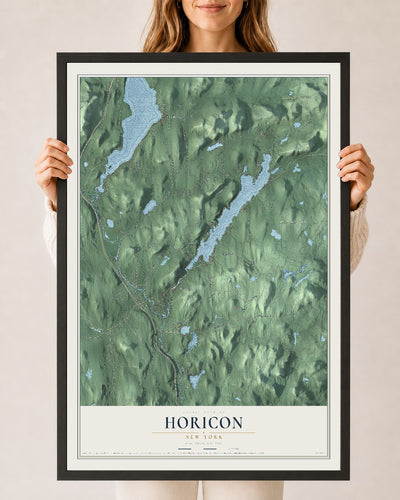 Horicon, New York map print, 24" x 36" W/ Black Ayous Wood Frame mockup