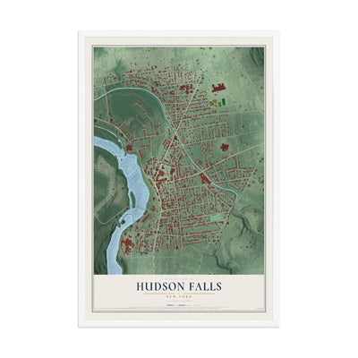 Hudson Falls, New York map print, 12" x 18" W/ White Ayous Wood Frame mockup