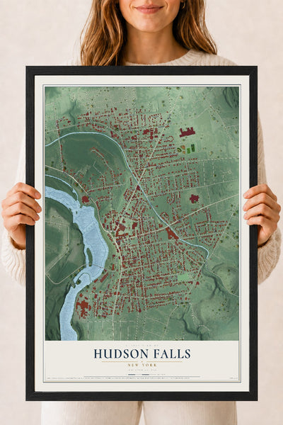 Hudson Falls, New York map print, 18" x 24" W/ Black Ayous Wood Frame mockup