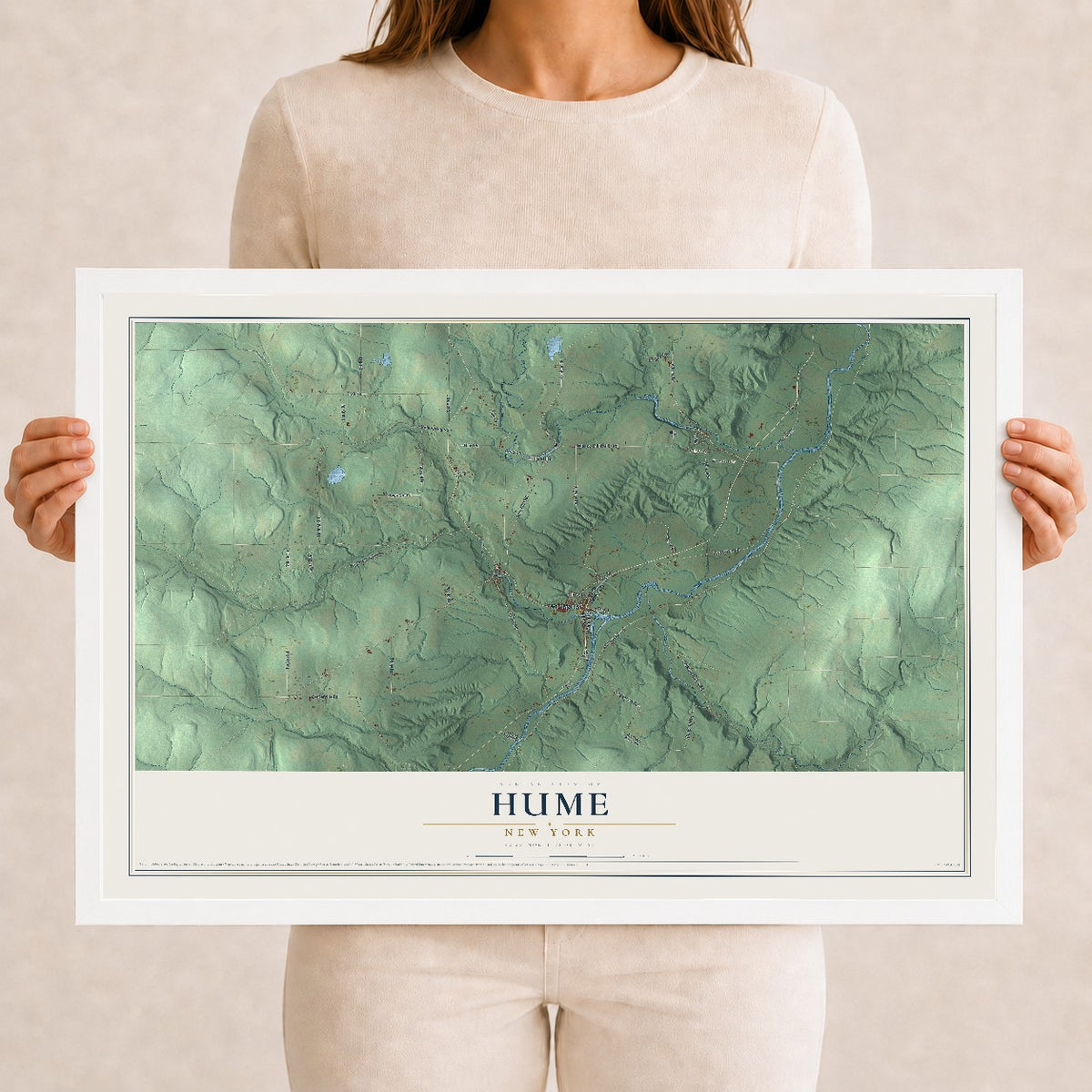 Hume, New York map print, 12" x 18" W/ White Ayous Wood Frame mockup