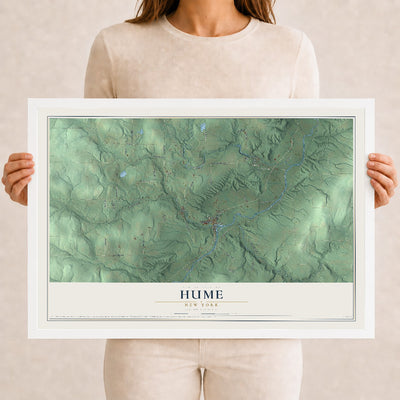 Hume, New York map print, 12" x 18" W/ White Ayous Wood Frame mockup