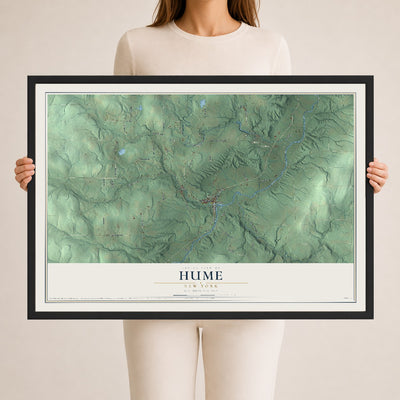 Hume, New York map print, 24" x 36" W/ Black Ayous Wood Frame mockup