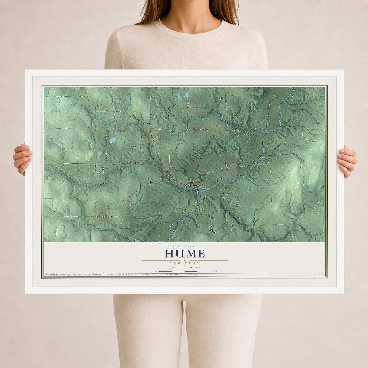 Hume, New York map print, 24" x 36" W/ White Ayous Wood Frame mockup