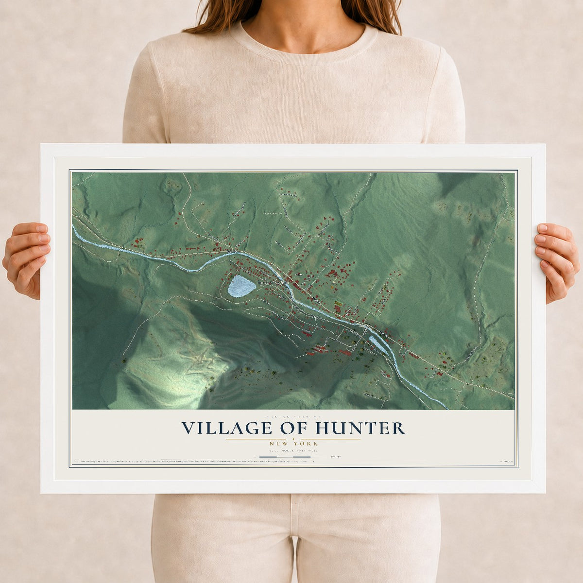 Hunter, New York map print, 12" x 18" W/ White Ayous Wood Frame mockup