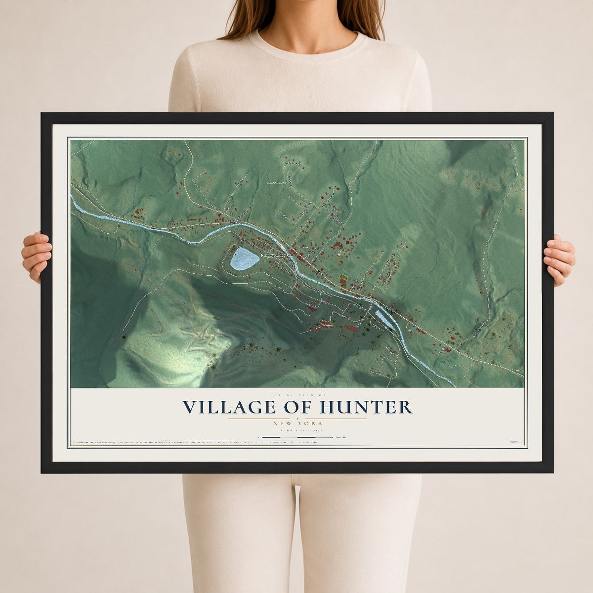 Hunter, New York map print, 24" x 36" W/ Black Ayous Wood Frame mockup