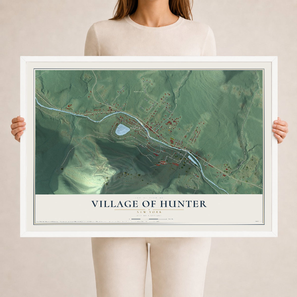 Hunter, New York map print, 24" x 36" W/ White Ayous Wood Frame mockup