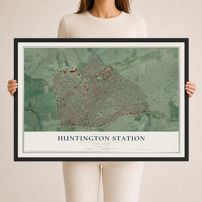 Huntington Station, New York map print, 24" x 36" W/ Black Ayous Wood Frame mockup
