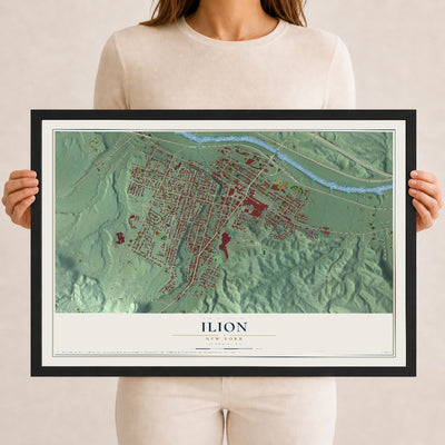 Ilion, New York map print, 12" x 18" W/ Black Ayous Wood Frame mockup