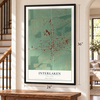 Interlaken, New York map, 24 x 36 inch print in a black frame by a staircase