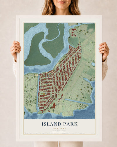 Island Park, New York map print, 24" x 36" W/ White Ayous Wood Frame mockup