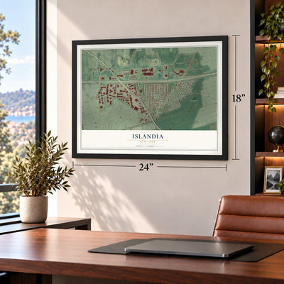 Islandia, New York map, 18 x 24 inch print in a black frame in a home office