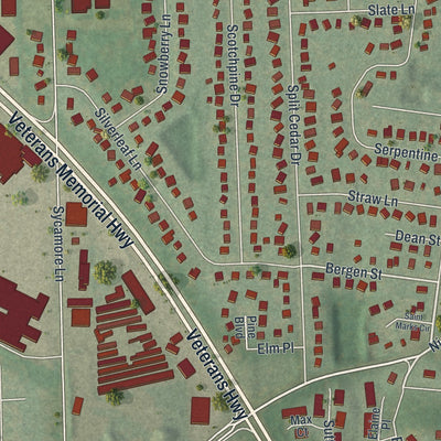 Close-up of the map of Islandia, New York print showing street and building detail