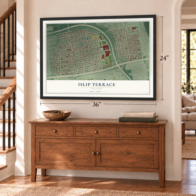 Islip Terrace, New York map, 24 x 36 inch print in a black frame above a dresser by a staircase