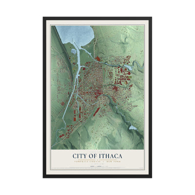Map of the City of Ithaca, Tompkins County, New York, 12 x 18 inch print in a black wood frame