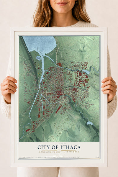 Map of the City of Ithaca, Tompkins County, New York, 18 x 24 inch print in a white wood frame