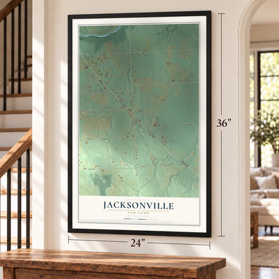 Jacksonville, New York map, 24 x 36 inch print in a black frame by a staircase