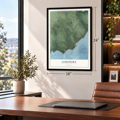 Jamesport, New York map, 18 x 24 inch print in a black frame in a home office