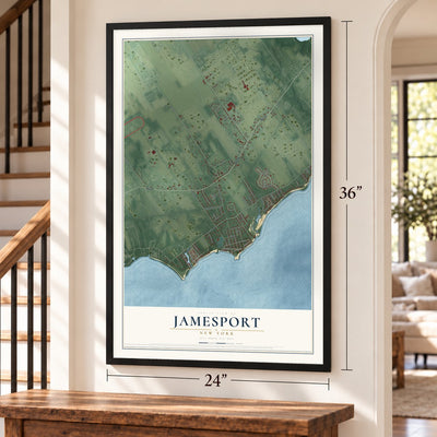Jamesport, New York map, 24 x 36 inch print in a black frame by a staircase