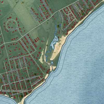 Close-up of the map of Jamesport, New York print showing street and building detail