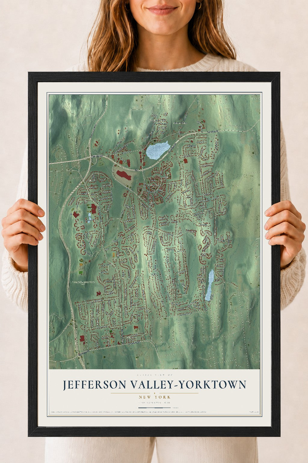 Jefferson Valley-Yorktown, New York map print, 18" x 24" W/ Black Ayous Wood Frame mockup