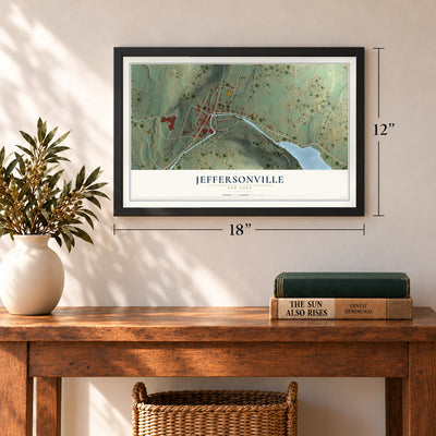 Jeffersonville, New York map, 12 x 18 inch print in a black frame in an entryway
