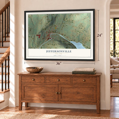 Jeffersonville, New York map, 24 x 36 inch print in a black frame above a dresser by a staircase
