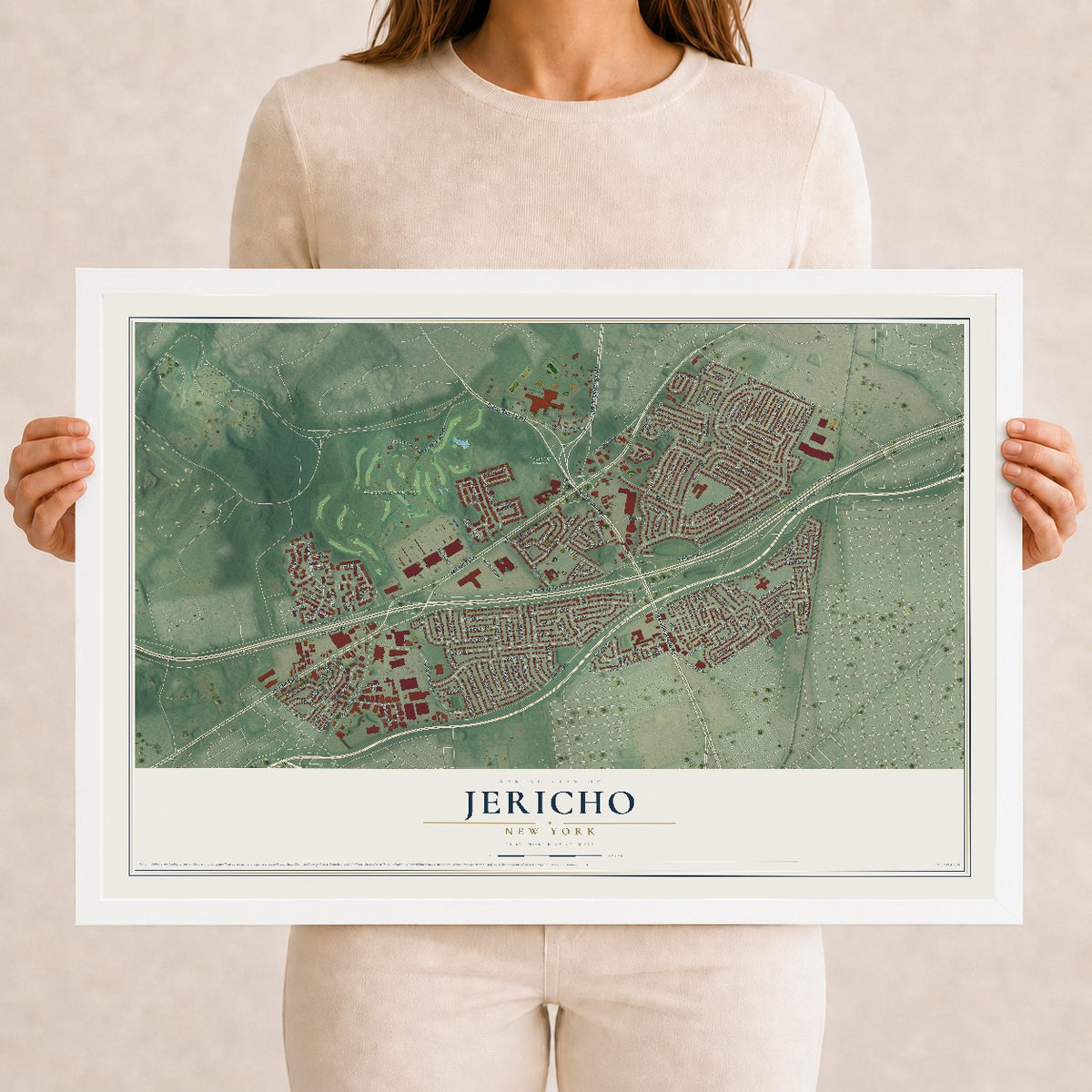 Jericho, New York map print, 12" x 18" W/ White Ayous Wood Frame mockup