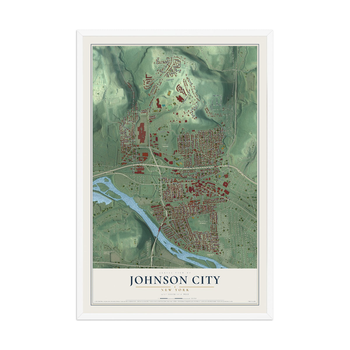 Johnson City, New York map print, 12" x 18" W/ White Ayous Wood Frame mockup