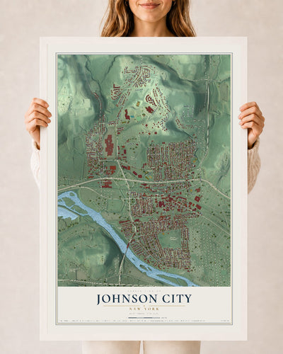 Johnson City, New York map print, 24" x 36" W/ White Ayous Wood Frame mockup