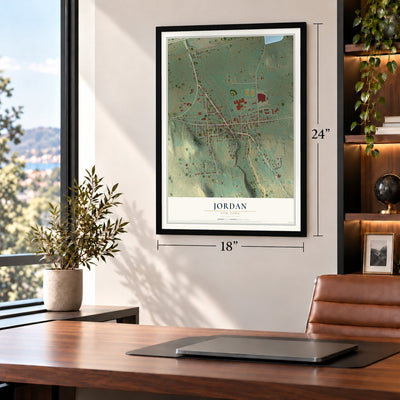 Jordan, New York map, 18 x 24 inch print in a black frame in a home office