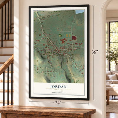 Jordan, New York map, 24 x 36 inch print in a black frame by a staircase