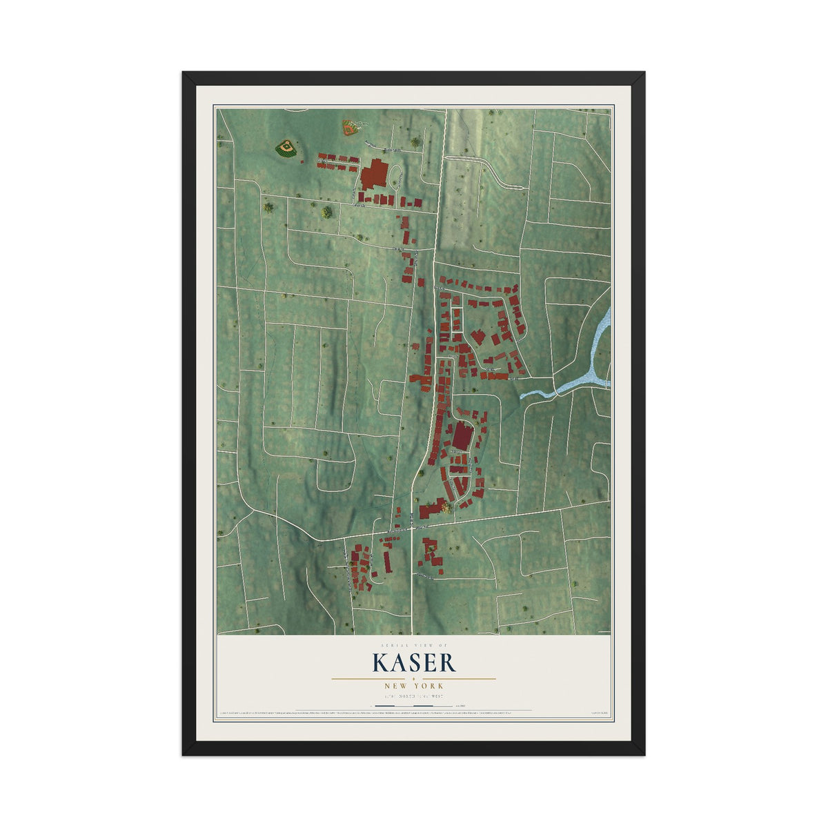 Kaser, New York map print, 12" x 18" W/ Black Ayous Wood Frame mockup