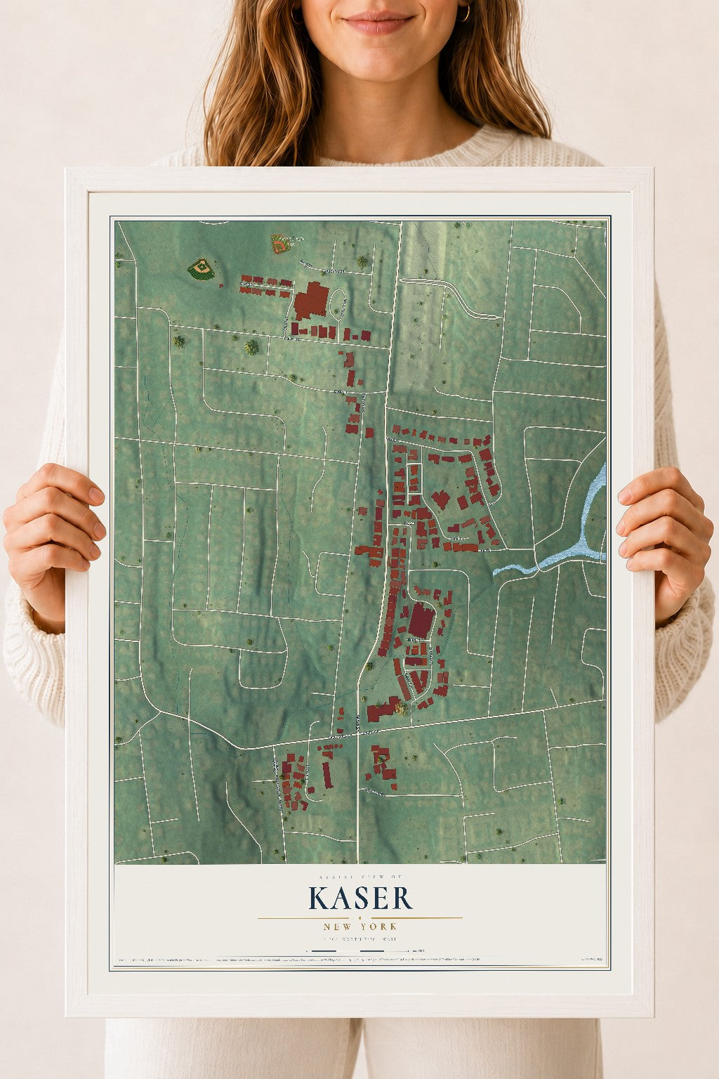 Kaser, New York map print, 18" x 24" W/ White Ayous Wood Frame mockup