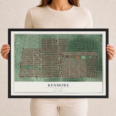 Kenmore, New York map print, 12" x 18" W/ Black Ayous Wood Frame mockup