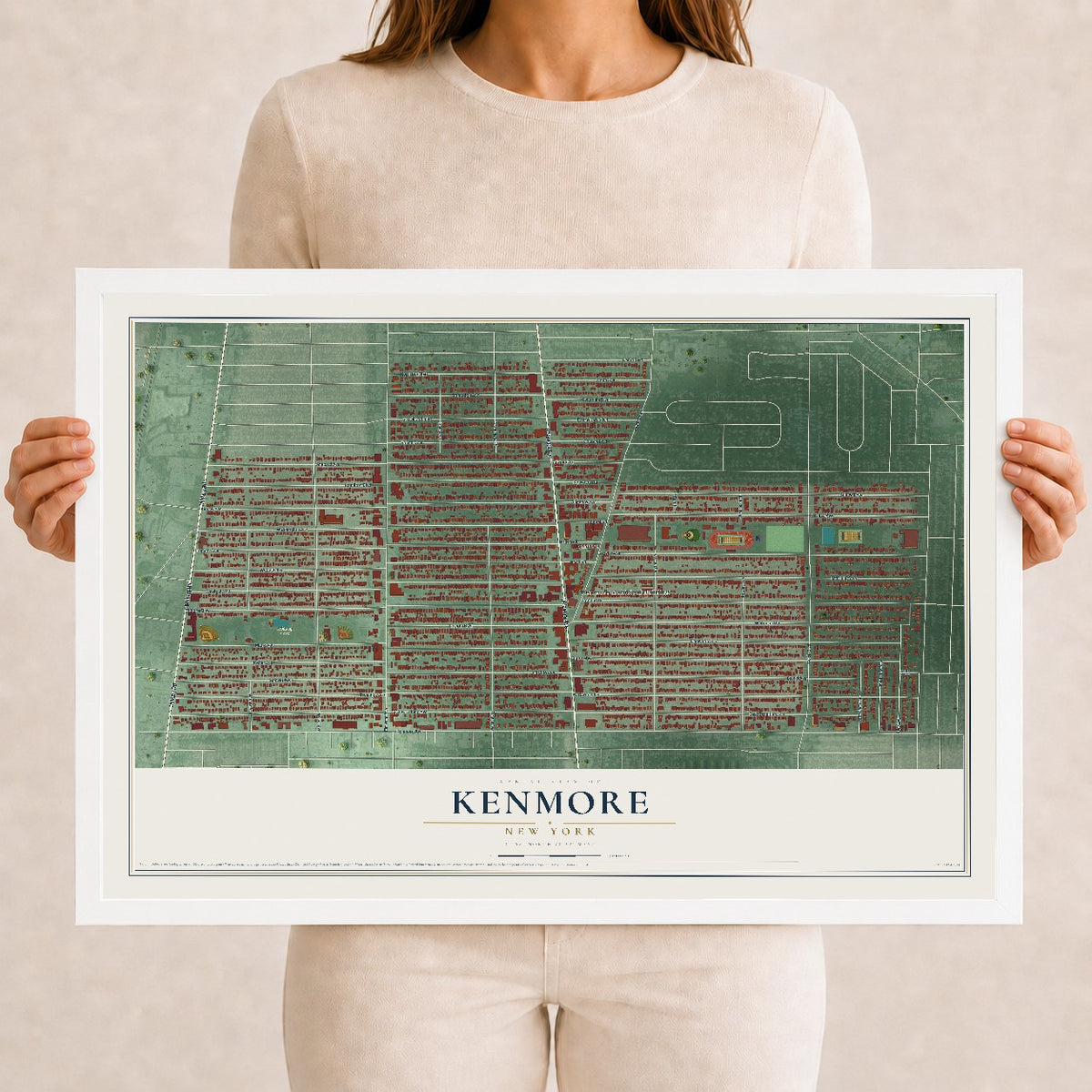 Kenmore, New York map print, 12" x 18" W/ White Ayous Wood Frame mockup