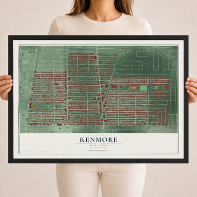 Kenmore, New York map print, 18" x 24" W/ Black Ayous Wood Frame mockup