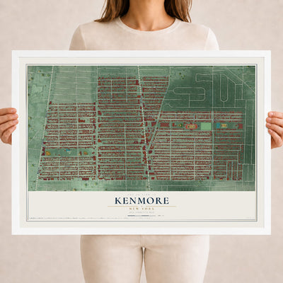 Kenmore, New York map print, 18" x 24" W/ White Ayous Wood Frame mockup