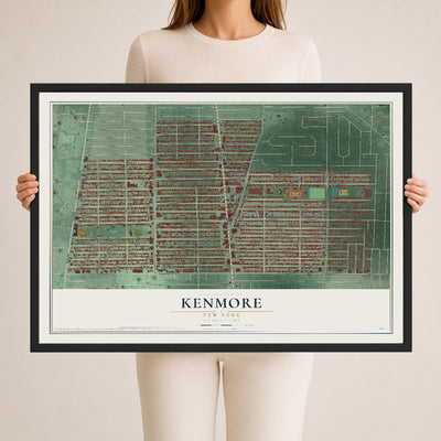 Kenmore, New York map print, 24" x 36" W/ Black Ayous Wood Frame mockup